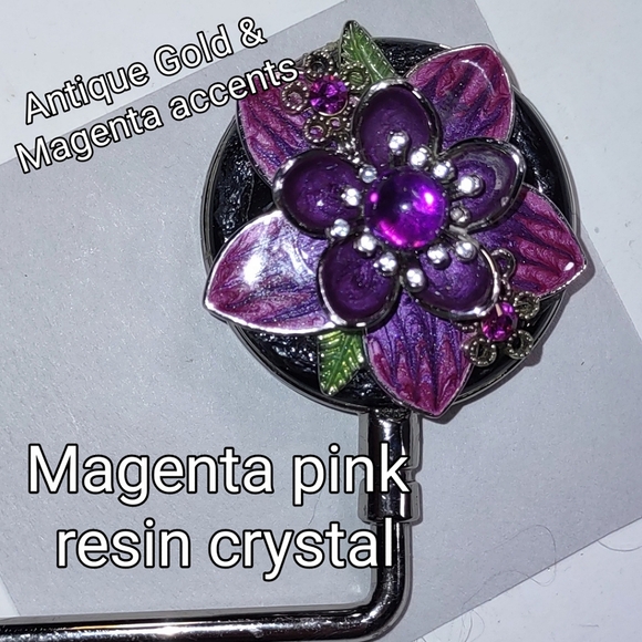 Purse Hook Handbag Holder Crystal Flower Design Choice of Center Stone - Picture 10 of 16